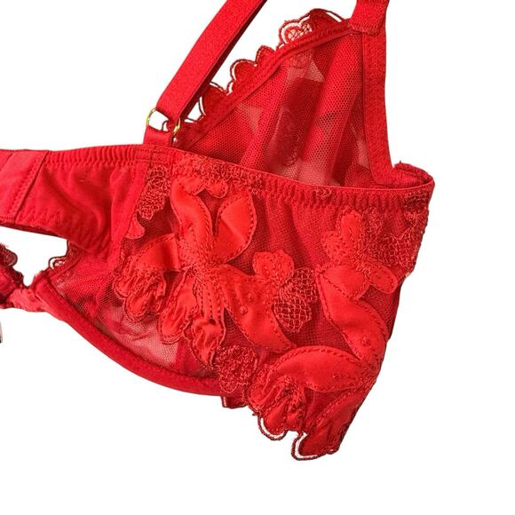 Victorias Secret Low Cut Demi Bra Unlined SIZE 36D Red Lacy Sheer Womens Mesh - Picture 3 of 11